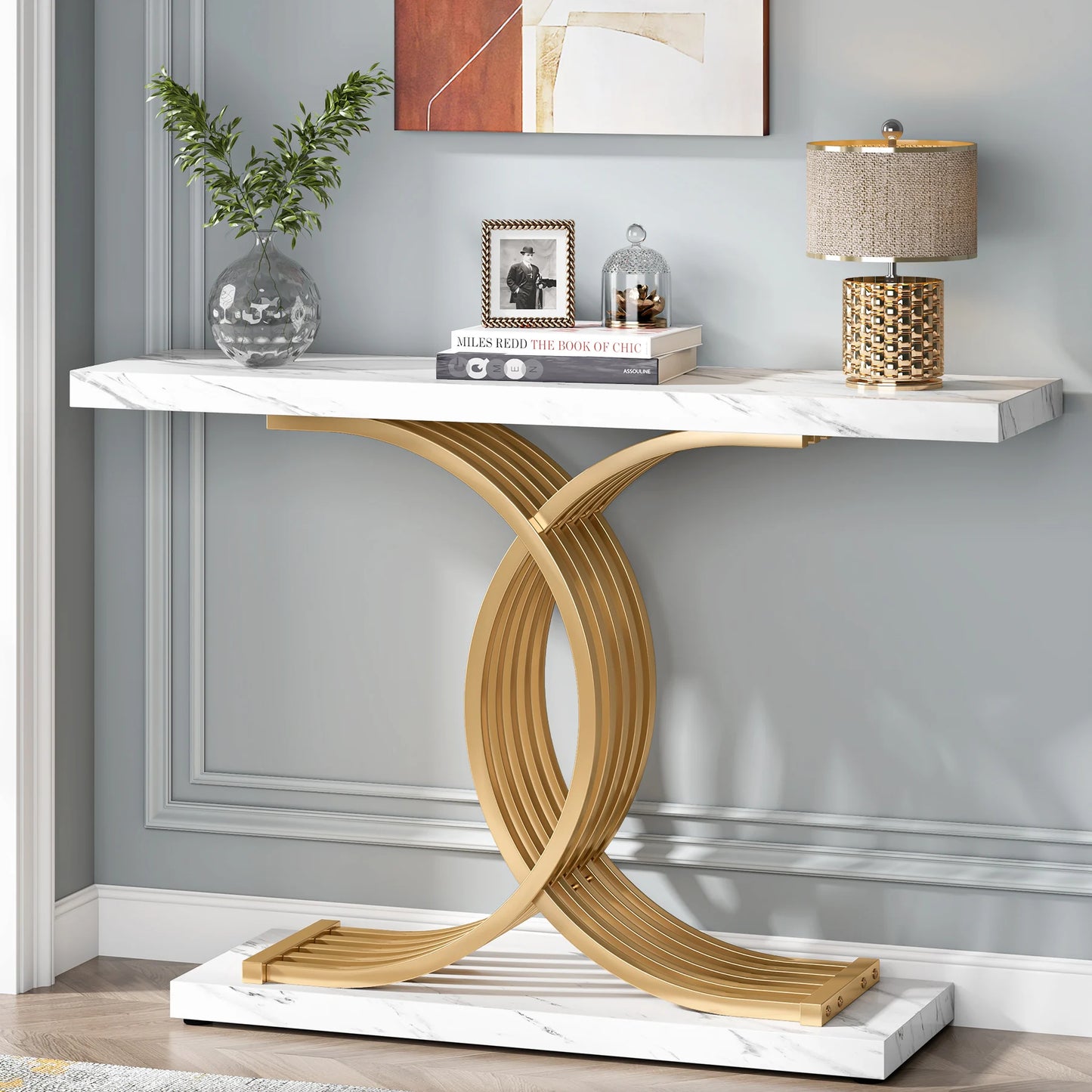 39-Inch Gold Console Table with Faux Marble Top