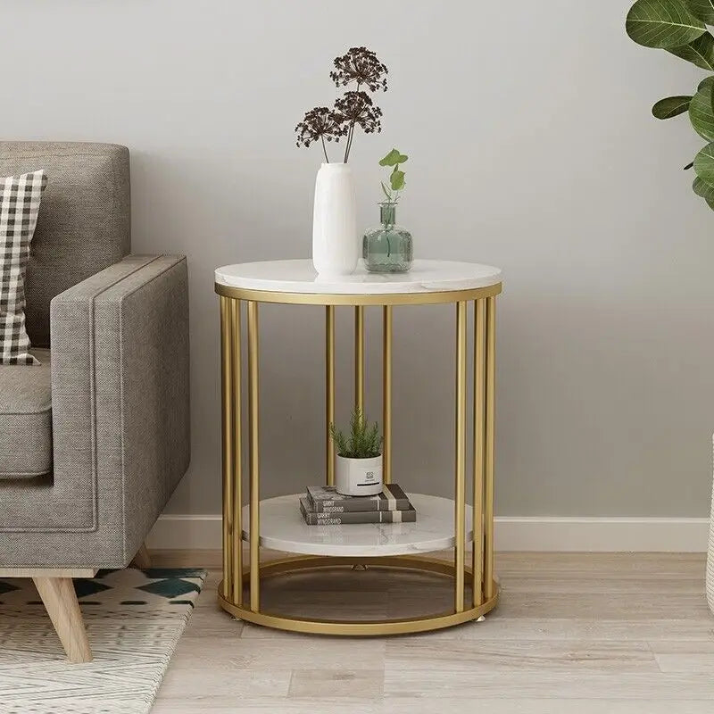 Elegant White Marble Side Table – 2-Tier Modern Accent Table for Home Decor