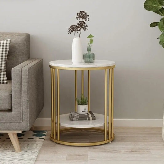 Elegant White Marble Side Table – 2-Tier Modern Accent Table for Home Decor