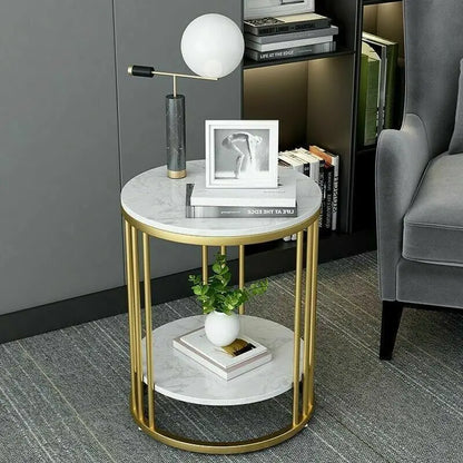 Elegant White Marble Side Table – 2-Tier Modern Accent Table for Home Decor