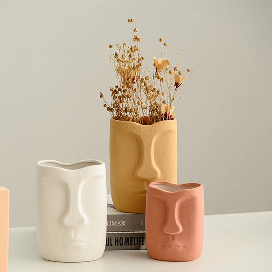Abstract Ceramic Face Vase with Frosted Finish