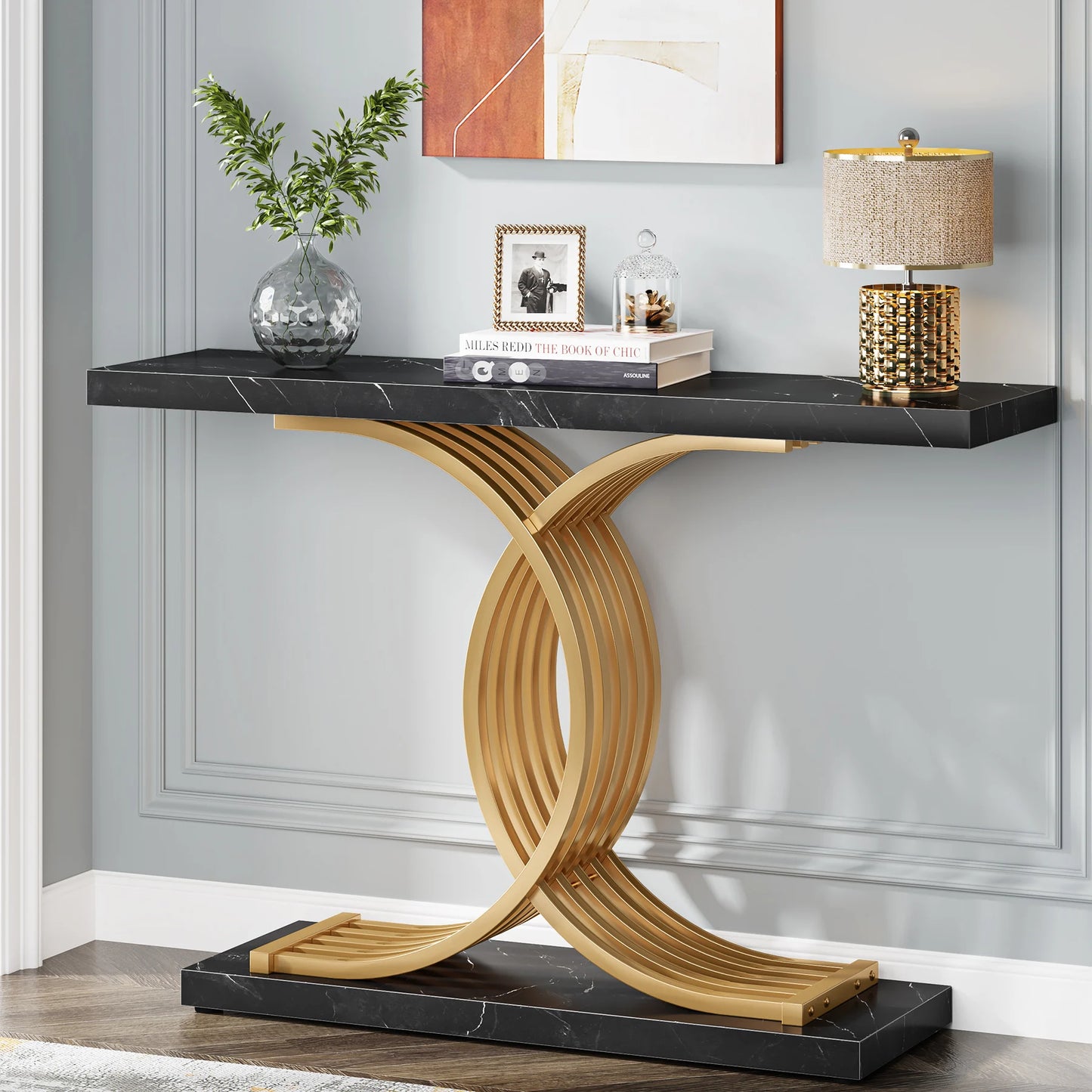 39-Inch Gold Console Table with Faux Marble Top