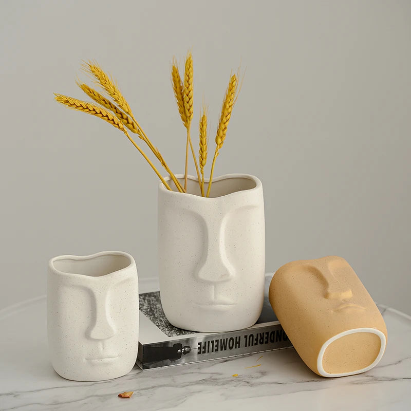 Abstract Ceramic Face Vase with Frosted Finish