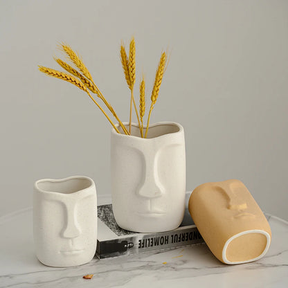 Abstract Ceramic Face Vase with Frosted Finish