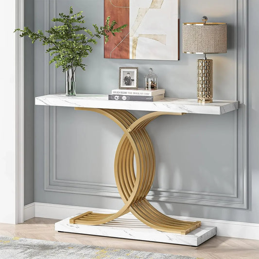39-Inch Gold Console Table with Faux Marble Top