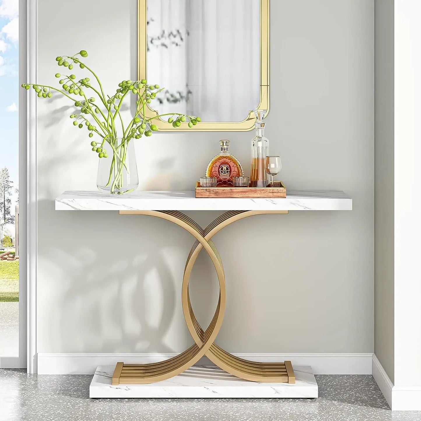 39-Inch Gold Console Table with Faux Marble Top