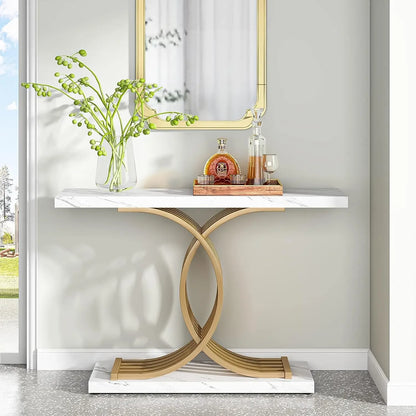 39-Inch Gold Console Table with Faux Marble Top