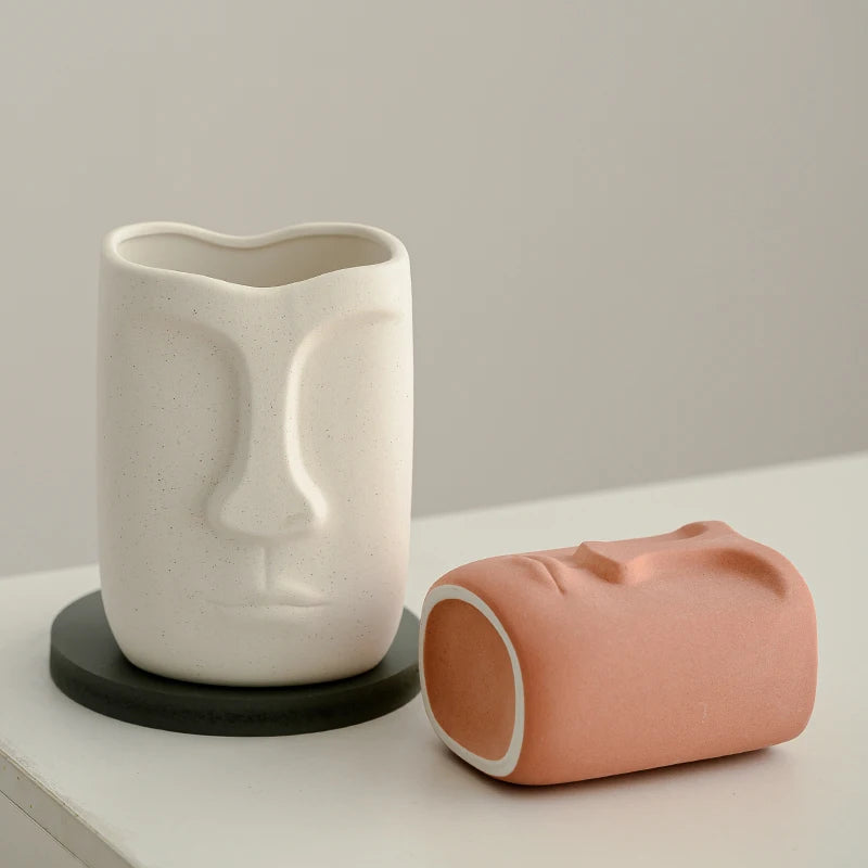 Abstract Ceramic Face Vase with Frosted Finish