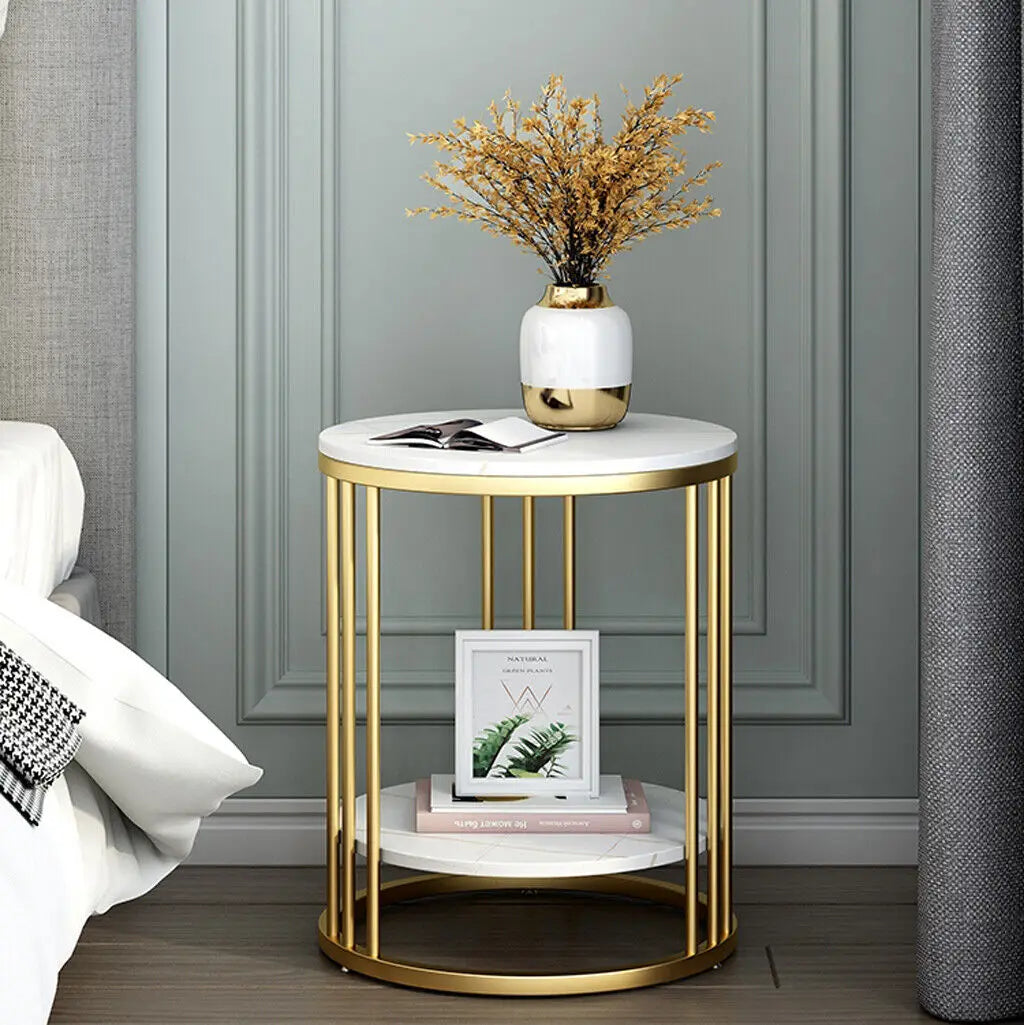 Elegant White Marble Side Table – 2-Tier Modern Accent Table for Home Decor