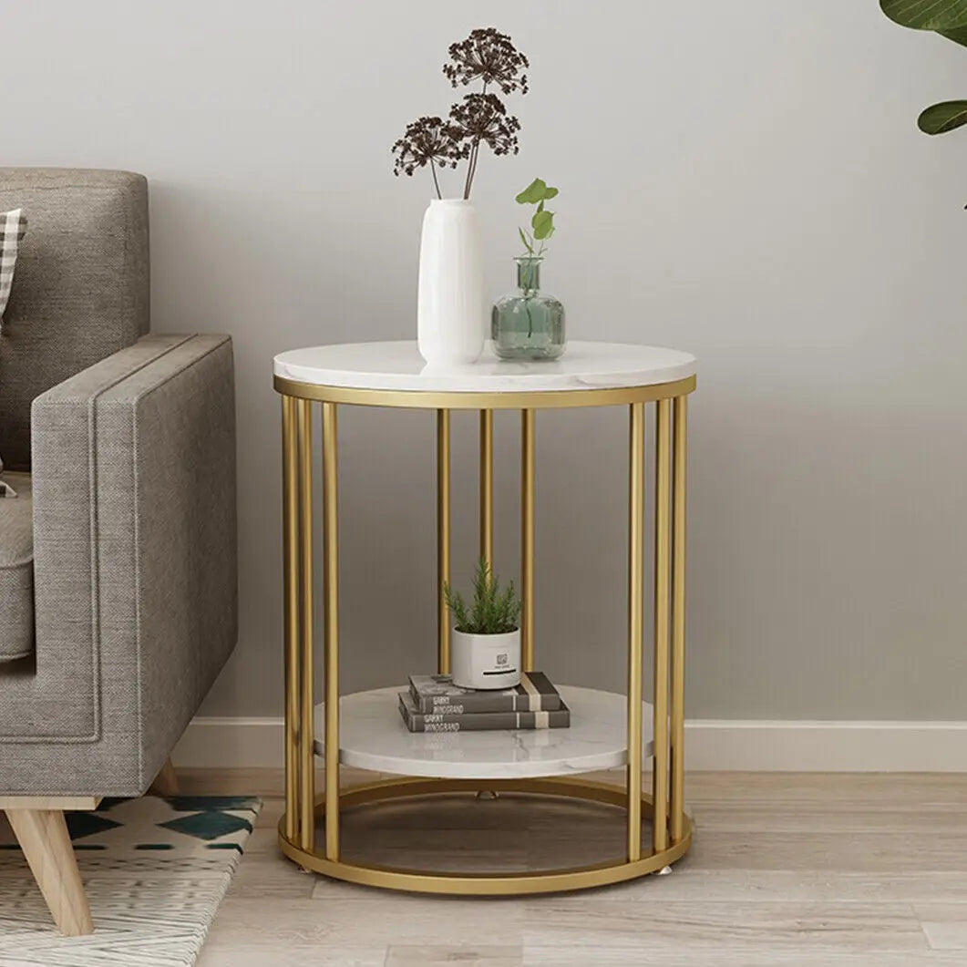 Elegant White Marble Side Table – 2-Tier Modern Accent Table for Home Decor