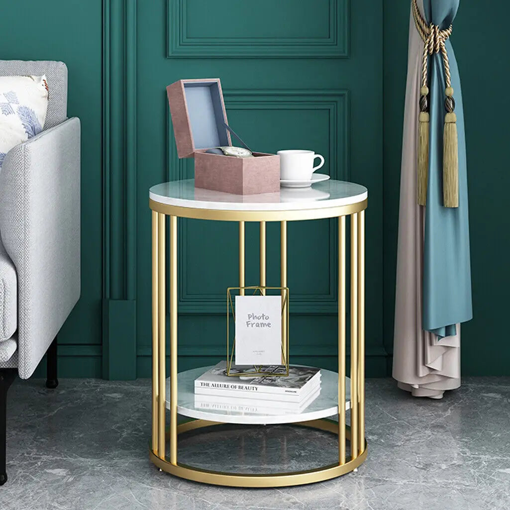 Elegant White Marble Side Table – 2-Tier Modern Accent Table for Home Decor